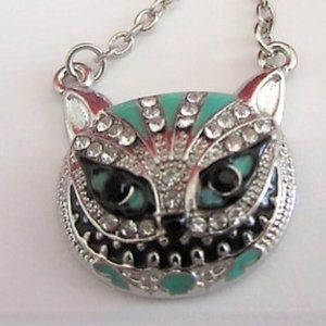 Can Enamel Pendent on Chain, Teal and Silver Cat Face Necklace